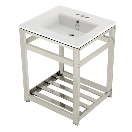 Kingston Brass VWP2522W4A6 25" Ceramic Console Sink (4", 3-Hole), Wht/Polished Nickel VWP2522W4A6